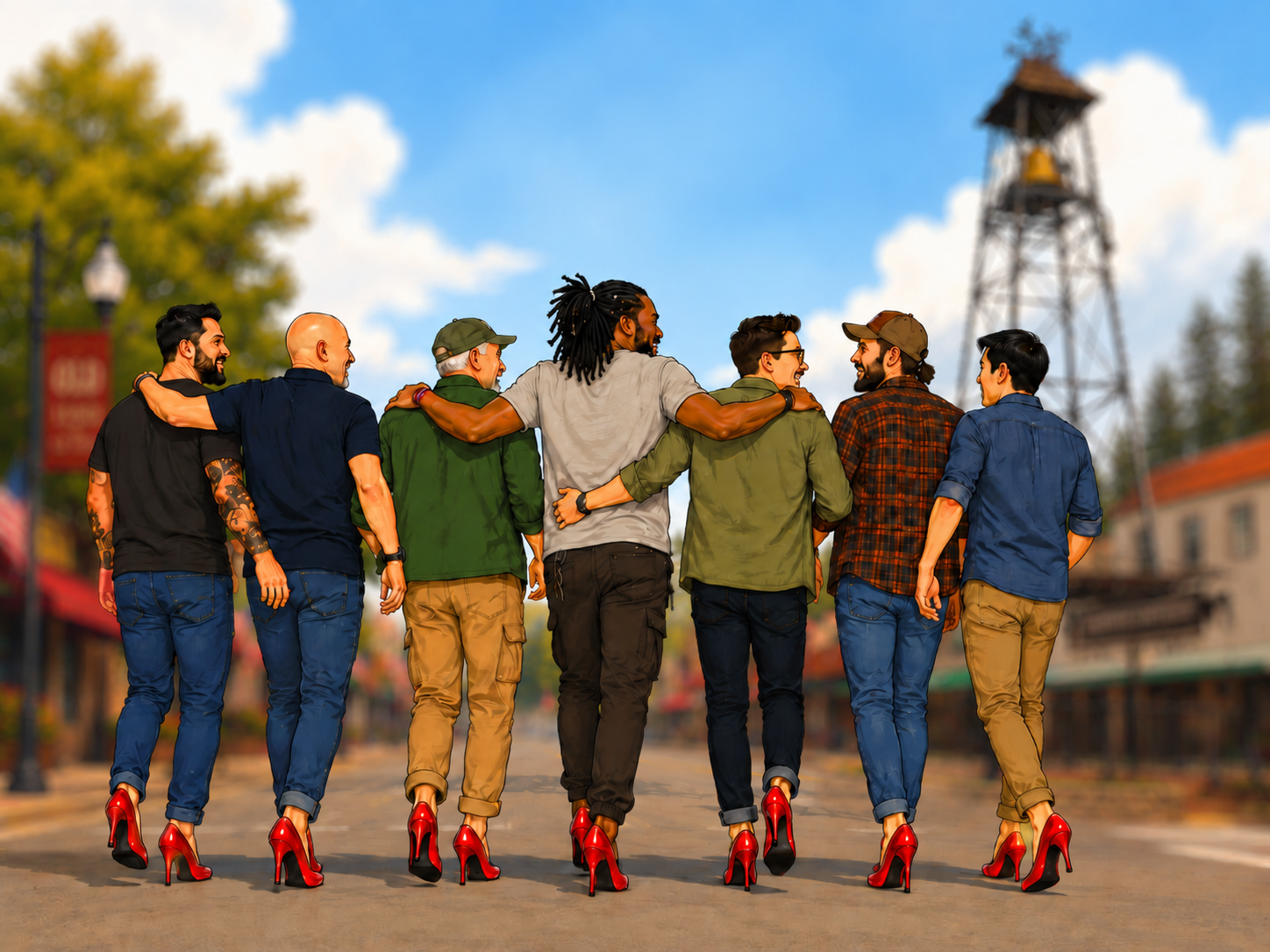 Illustration of men in red heels walking together near the Placerville Bell Tower