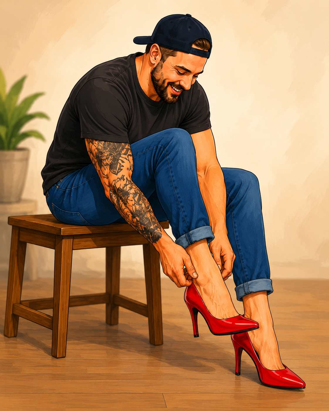 Illustration of a man sitting down and putting on red high heels