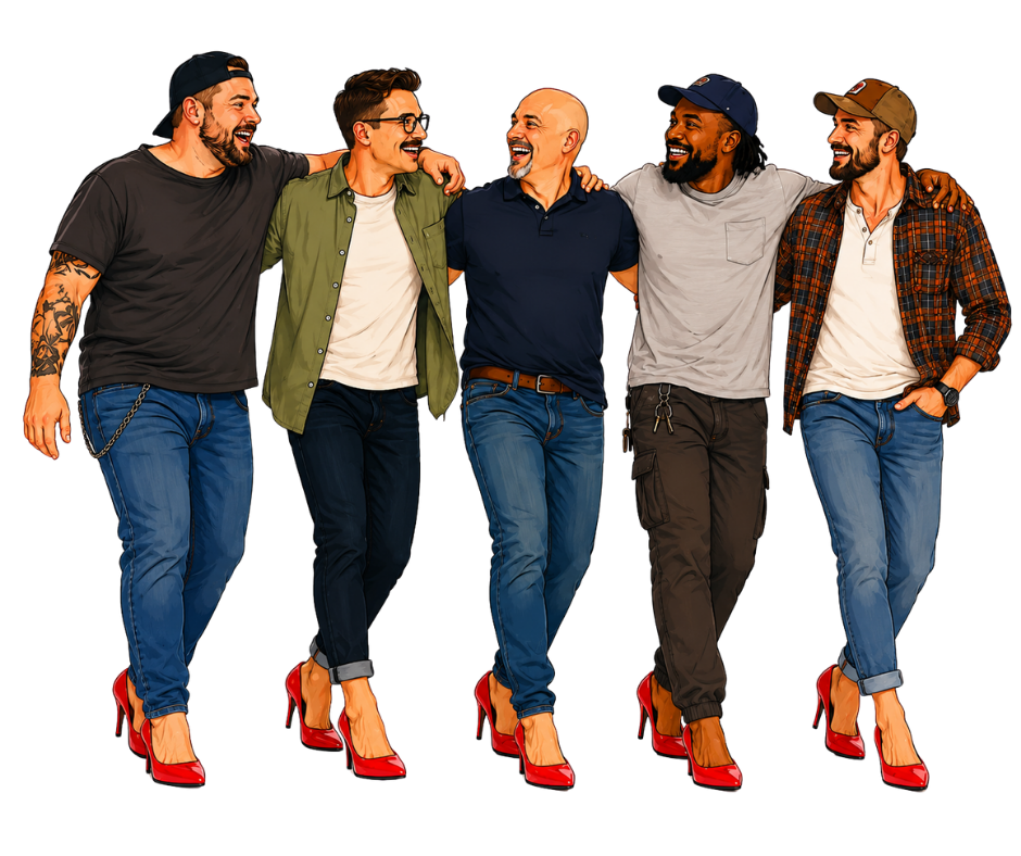 Illustration of men from all walks of life having fun while wearing red high heels